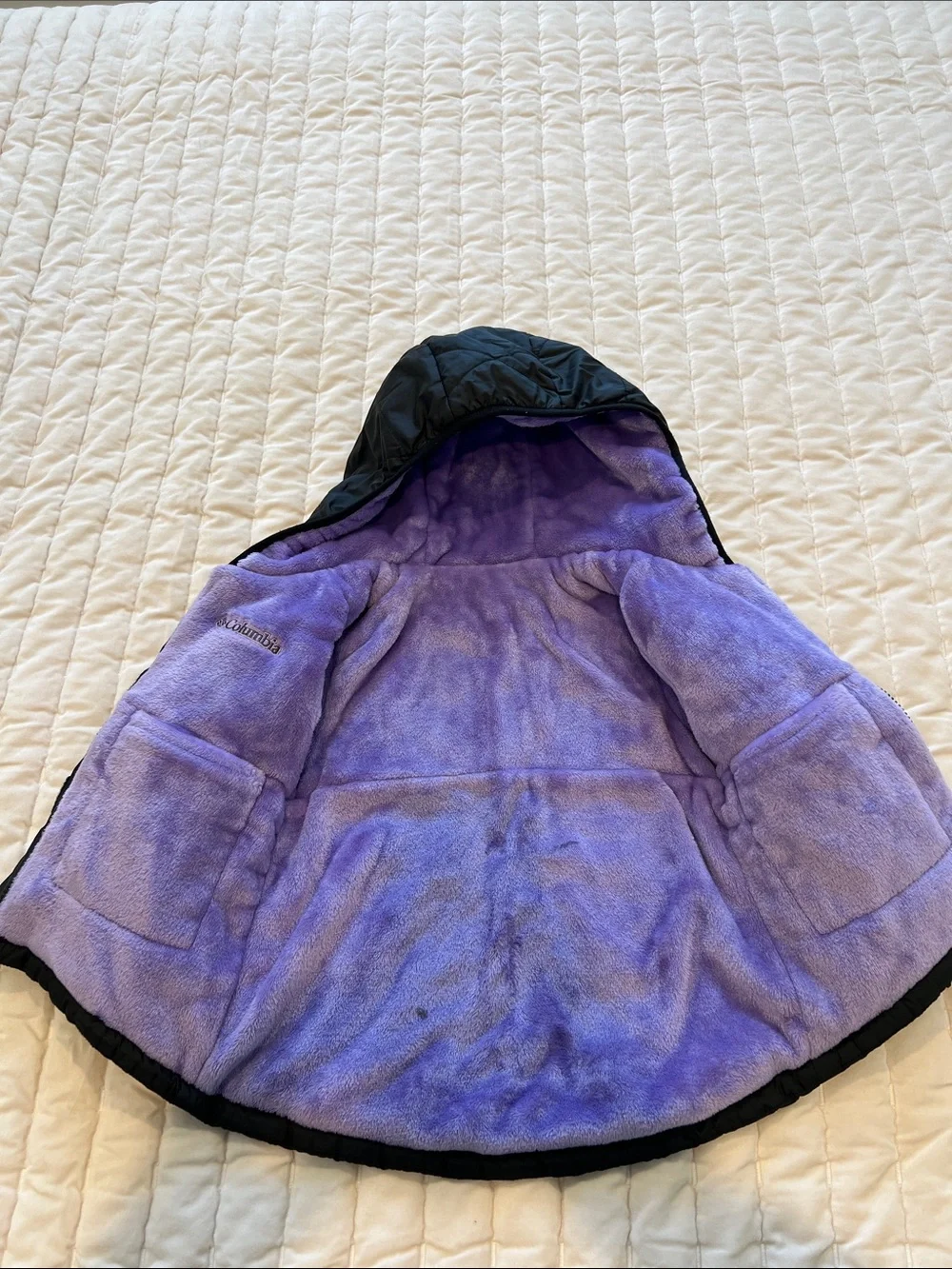 🪻 Columbia Kids Black Puffer (S)  with Purple Fleece Hood REVERSIBLE Jacket 🪻